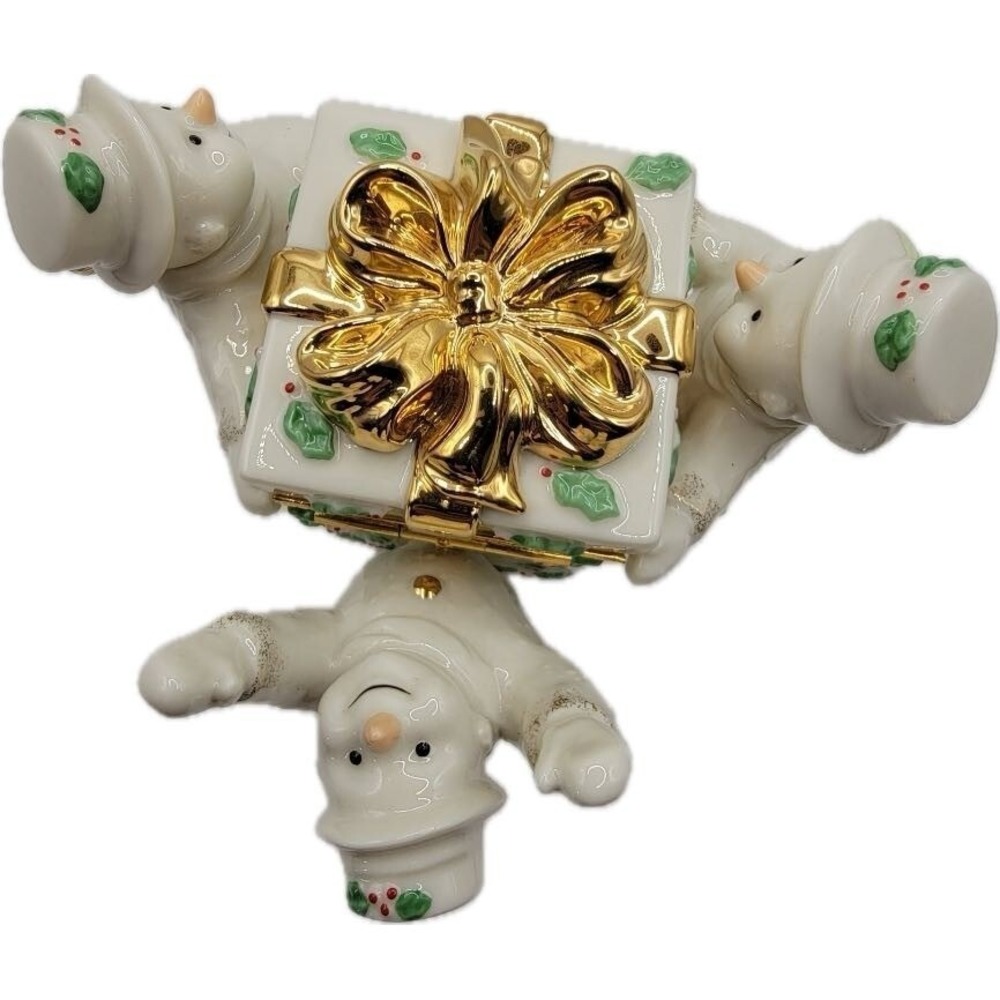 Mikasa Snowman Trio Figure Ribbon Holly Trinket Box‎  Lid Porcelain FK017 W/Box - Picture 4 of 9